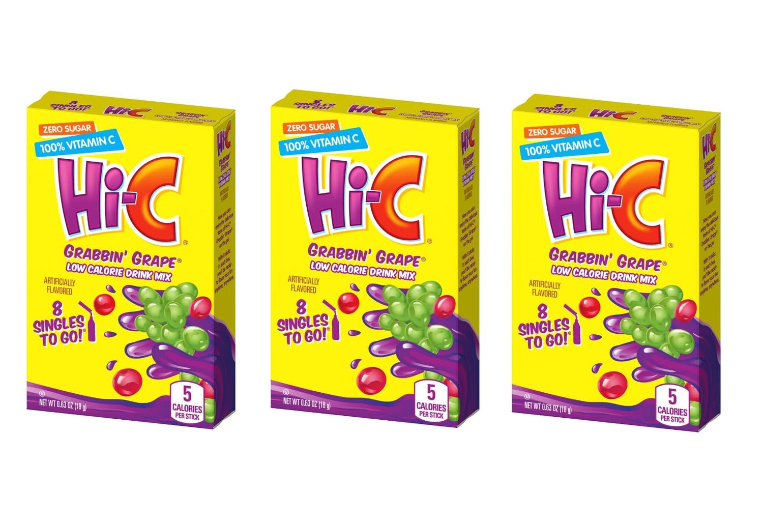 Hi-C Singles To Go Drink Mix Grabbin&#39; Grape Pack of 3, 24 Total Servings - 8 servings per box, Low Calorie - Zero Sugar, Water Enhancer with Vitamin C