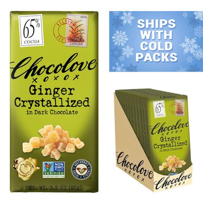 Chocolove Ginger Dark Chocolate Bars | 65% Cocoa | Infused with Crystalized Ginger Bits | Crafted with Premium Belgian Chocolate | Non GMO, Rainforest Alliance Certified, 3.2oz Bar (12 Pack)