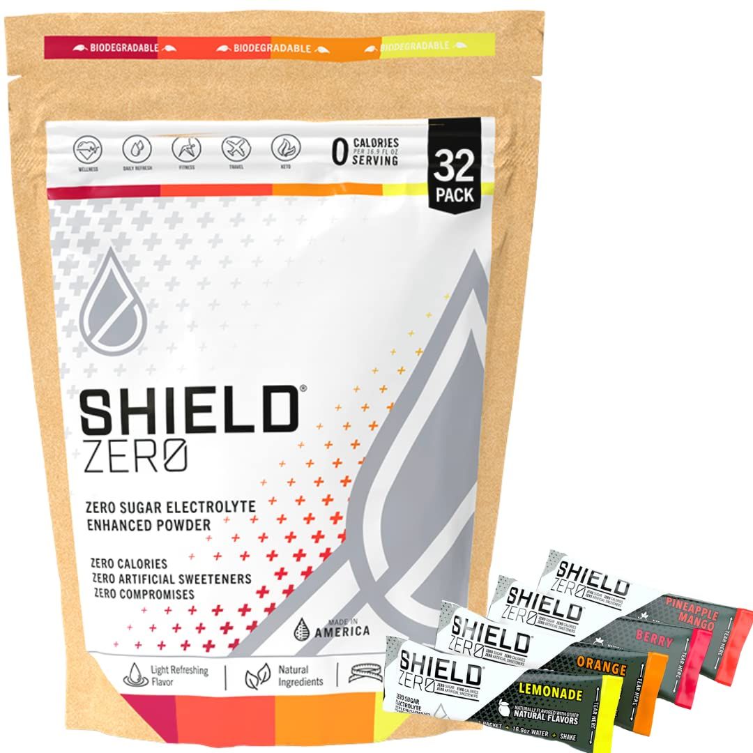 SHIELD ZERO 32ct - Sugar Free, Advanced Electrolyte Hydration Packets - Rapid All Natural Rehydration, Flavored With Real Fruit, Gluten-Free And Caffeine Free