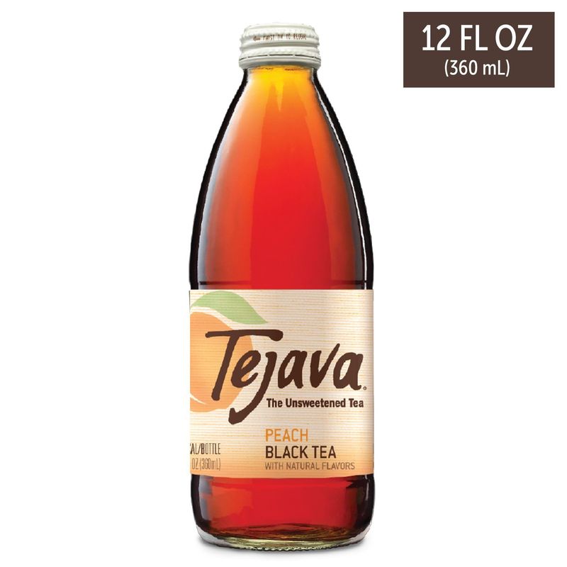 Tejava Peach Black Iced Tea, 4 Pack, 12oz Glass Bottles, Unsweetened, Non-GMO, Kosher, No Sugar or Sweeteners, No calories, No Preservatives, Brewed in Small Batches