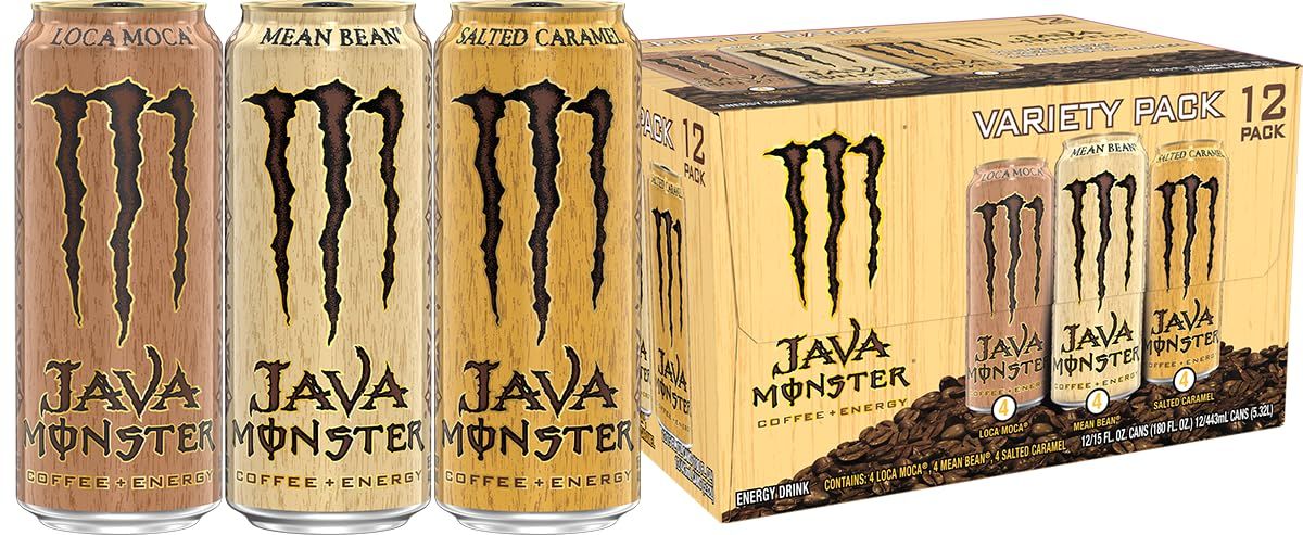 Monster Energy Java Monster Variety Pack, Java Monster Mean Bean, Java Monster Loca Moca, Java Monster Salted Caramel, Coffee + Energy Drink, 15 Ounce (Pack of 12)