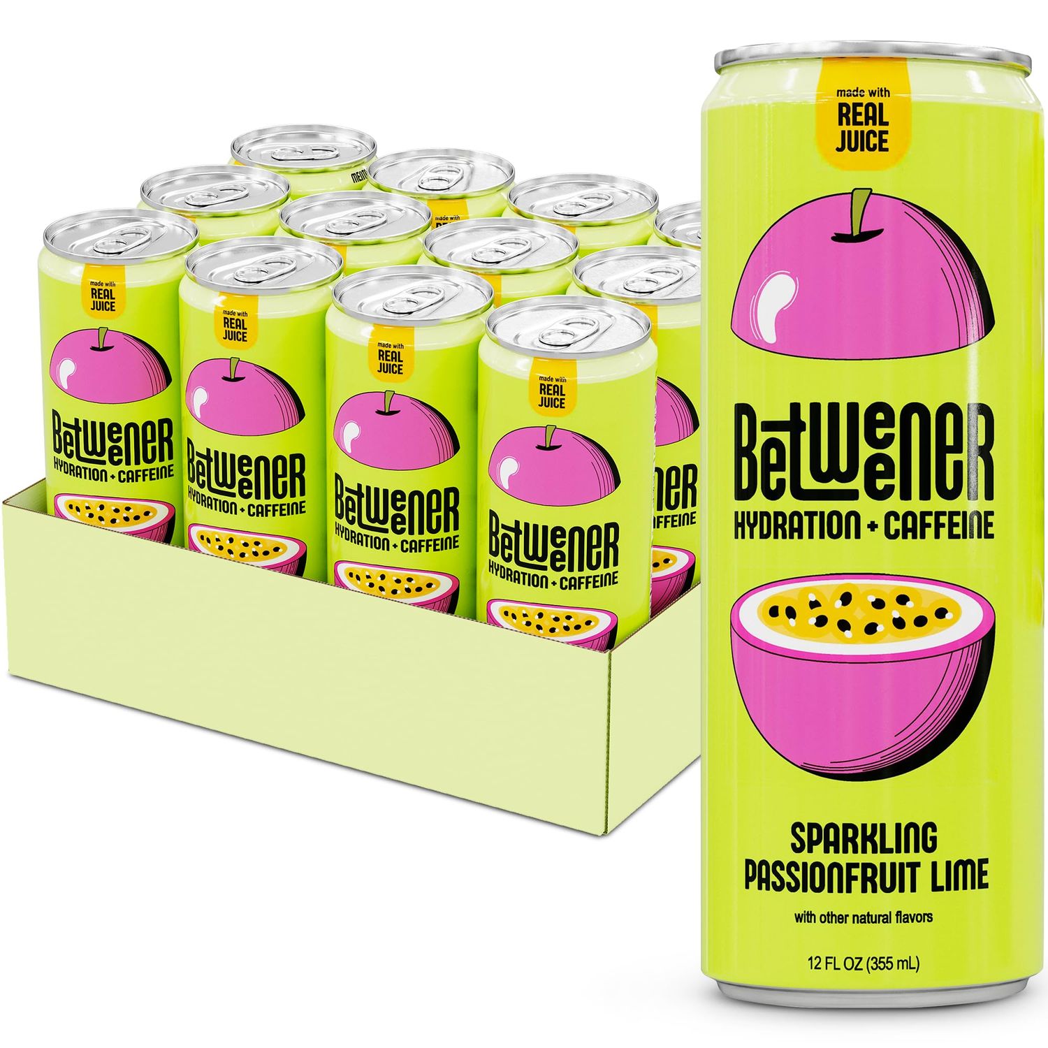 Betweener Sparkling Energy, Sparkling Water w/Real Juice &amp; 100mg Caffeine, Light &amp; Refreshing, L-Theanine for Focus, Vitamins B+C - Low Sugar - 45 Cals - Passionfruit Lime (12 Pack)