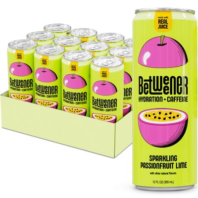 Betweener Sparkling Energy, Sparkling Water w/Real Juice &amp; 100mg Caffeine, Light &amp; Refreshing, L-Theanine for Focus, Vitamins B+C - Low Sugar - 45 Cals - Passionfruit Lime (12 Pack)