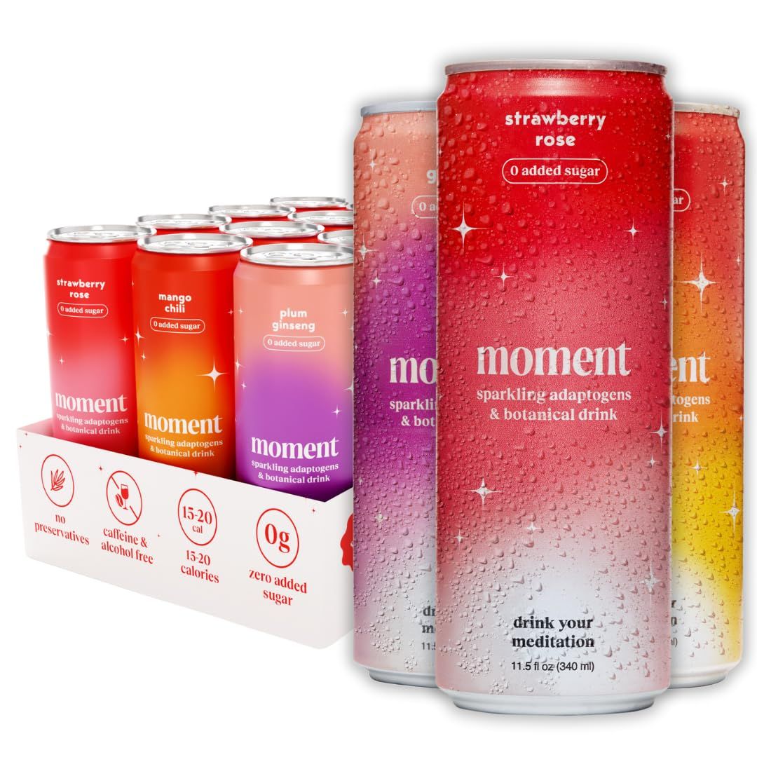 Moment Sparkling Adaptogenic Soda Soft Drinks - Flavorful Healthy Soda with L-Theanine &amp; Ashwagandha for Calm &amp; Clarity | 0 Added Sugar, 0 Alcohol | 12-pack | Mocktails