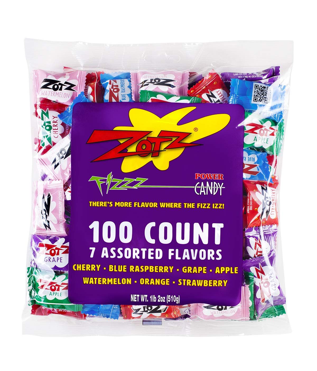 Zotz Fizzy Bulk Candy (Assorted, 100 Units)- Hard Candy Individually Wrapped- Assorted Fruit Flavors, Cherry, Watermelon, Strawberry, Blue Raspberry, Apple, Orange &amp; Grape- From Italy Since 1970