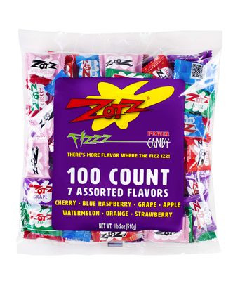 Zotz Fizzy Bulk Candy (Assorted, 100 Units)- Hard Candy Individually Wrapped- Assorted Fruit Flavors, Cherry, Watermelon, Strawberry, Blue Raspberry, Apple, Orange &amp; Grape- From Italy Since 1970