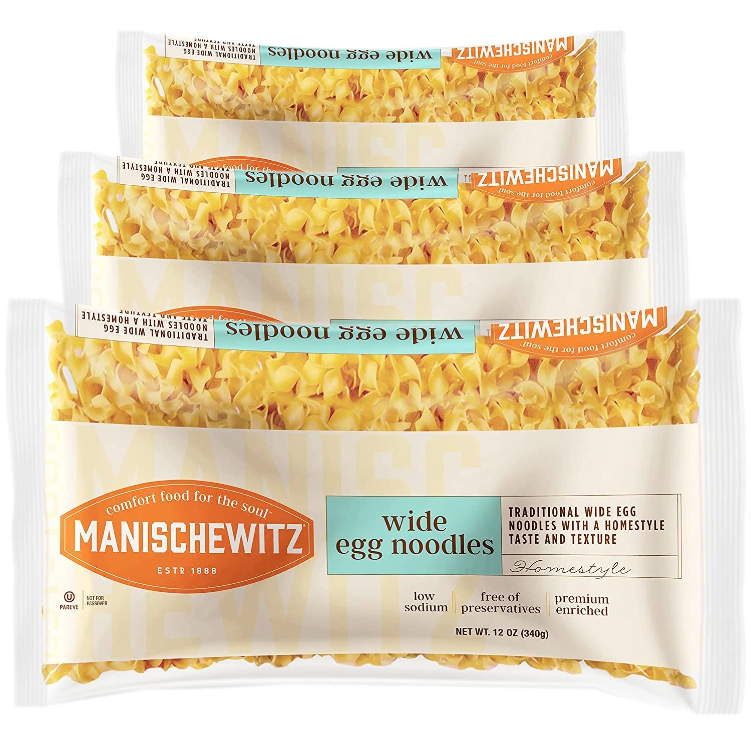 Manischewitz Traditional Extra Wide Egg Noodles 12oz (3 Pack), Homestyle Taste &amp; Texture, Premium Enriched, Low Sodium, No Preservatives