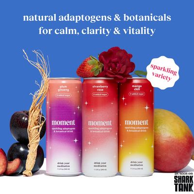 Moment Sparkling Adaptogenic Soda Soft Drinks - Flavorful Healthy Soda with L-Theanine &amp; Ashwagandha for Calm &amp; Clarity | 0 Added Sugar, 0 Alcohol | 12-pack | Mocktails