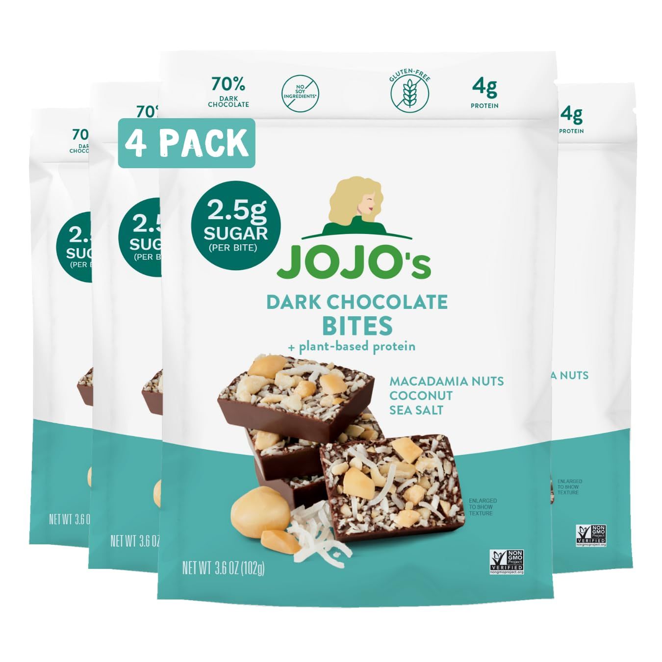 JOJO&#39;s Dark Chocolate Macadamia Coconut, Healthy Snack, Low Sugar, Low Carb, Gluten Free, Non GMO, Paleo &amp; Keto Friendly, Made with Plant Based Hemp Protein, Vegan (4 Count)