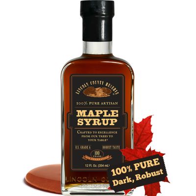 Pure Maple Syrup, 12 Oz Glass Bottle, Grade A Dark, Robust, Bold Flavor, (known as Grade B) Artisan Maple Syrup Gift, USA Made Breakfast Syrups &amp; Toppings by Lincoln County Reserve