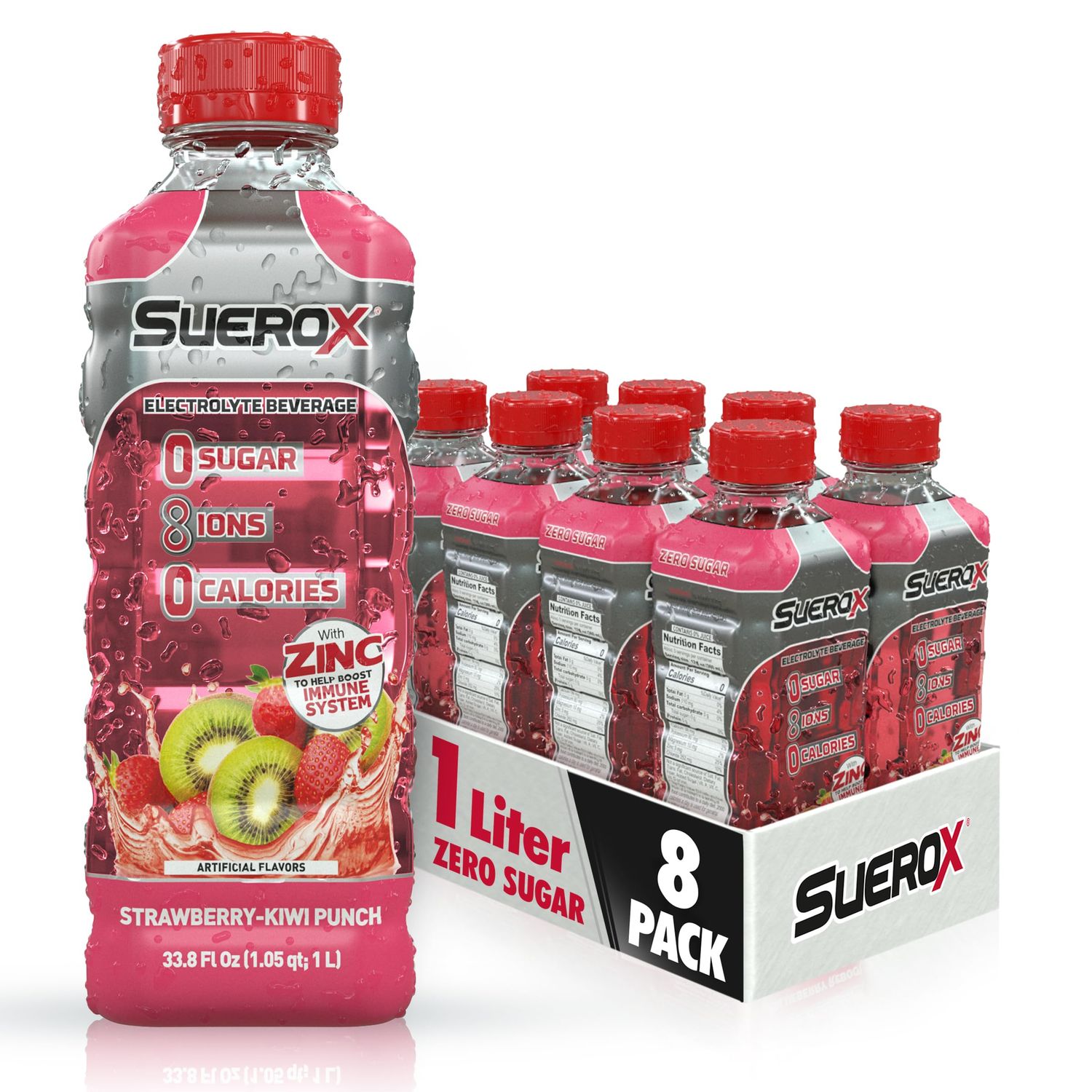 SueroX Zero Sugar Electrolyte Drink, Sugar Free Hydration Beverage, Unique Blend of 8 Ions &amp; Electrolytes, Zero Calorie Sports Drink, Strawberry-Kiwi Punch, 1- Liter, 8 Count