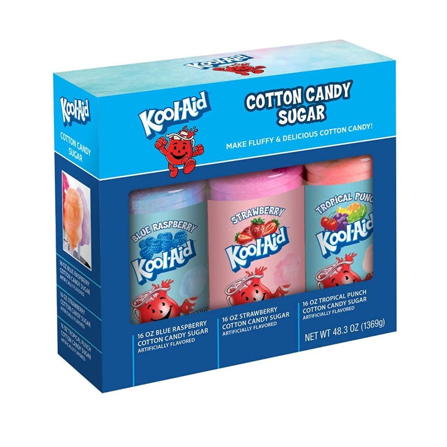 Nostalgia Kool-Aid Flossing Party Kit (3-Pack) | Blue Raspberry, Strawberry, Tropical Punch | 3 16oz Bottles of Cotton Candy Sugar Mix | 96 Small to Medium Cone Servings, 16 Ounces