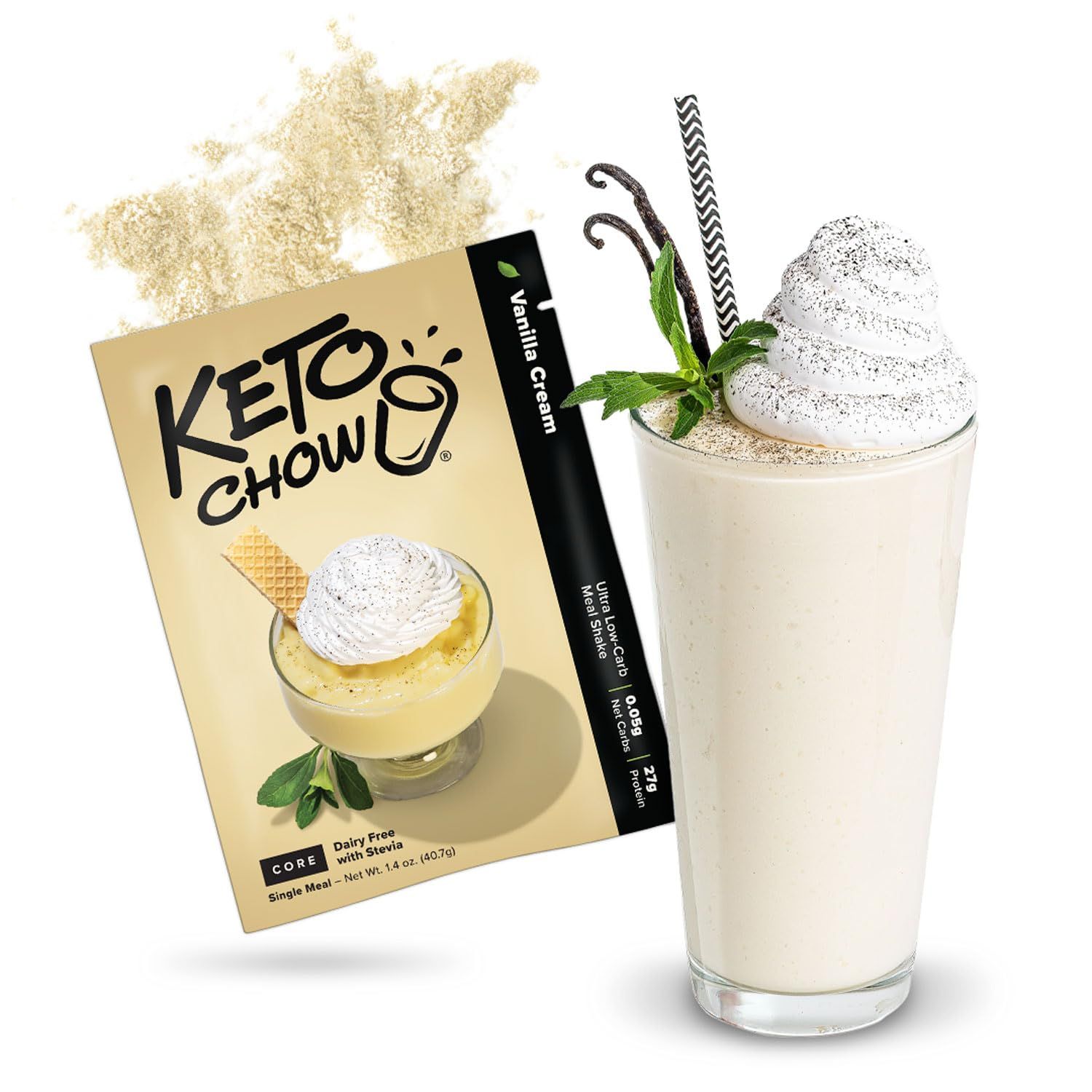 Keto Chow Vanilla Cream Core (w/Stevia) - Keto Meal Replacement Shake Powder - Nutritionally Complete - Low Carb - Delicious Easy Meal Substitute - Protein Rich &amp; Dairy Free - Single Meal Serving