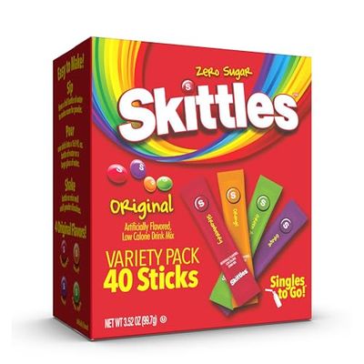 Skittles Singles To Go Variety Pack, Watertok Powdered Drink Mix, Zero Sugar, Low Calorie, Includes 4 Flavors: Green Apple, Strawberry, Grape, Orange, 1 Box (40 Single Servings)
