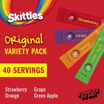 Skittles Singles To Go Variety Pack, Watertok Powdered Drink Mix, Zero Sugar, Low Calorie, Includes 4 Flavors: Green Apple, Strawberry, Grape, Orange, 1 Box (40 Single Servings)