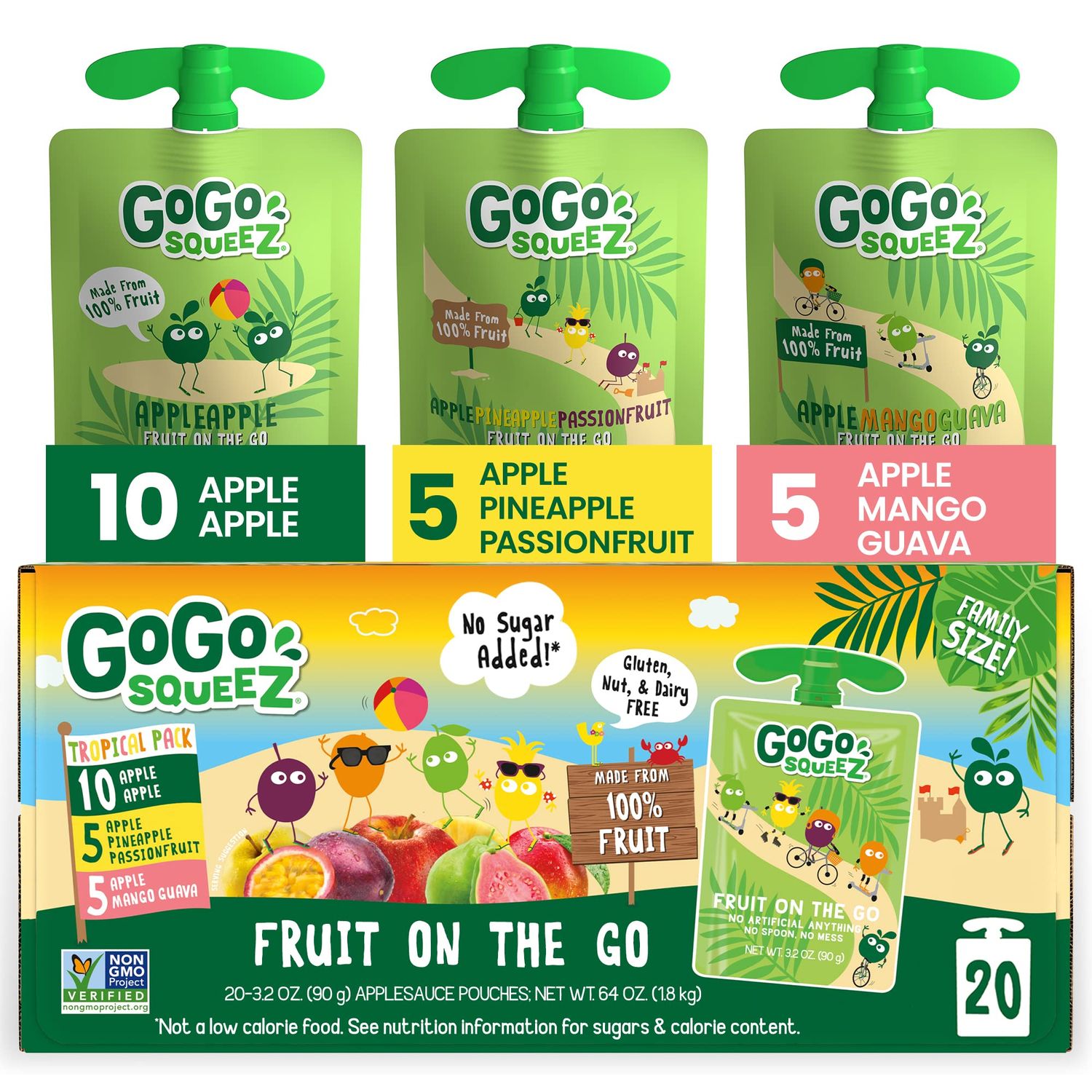 GoGo squeeZ Applesauce and Fruit Puree Variety Pack, Apple, Mango Guava &amp; Pineapple Passionfruit, 3.2 oz (Pack of 20), Unsweetened Fruit Snacks for Kids, No Gluten, Nut &amp; Dairy, BPA Free Pouches