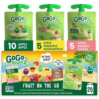 GoGo squeeZ Applesauce and Fruit Puree Variety Pack, Apple, Mango Guava &amp; Pineapple Passionfruit, 3.2 oz (Pack of 20), Unsweetened Fruit Snacks for Kids, No Gluten, Nut &amp; Dairy, BPA Free Pouches