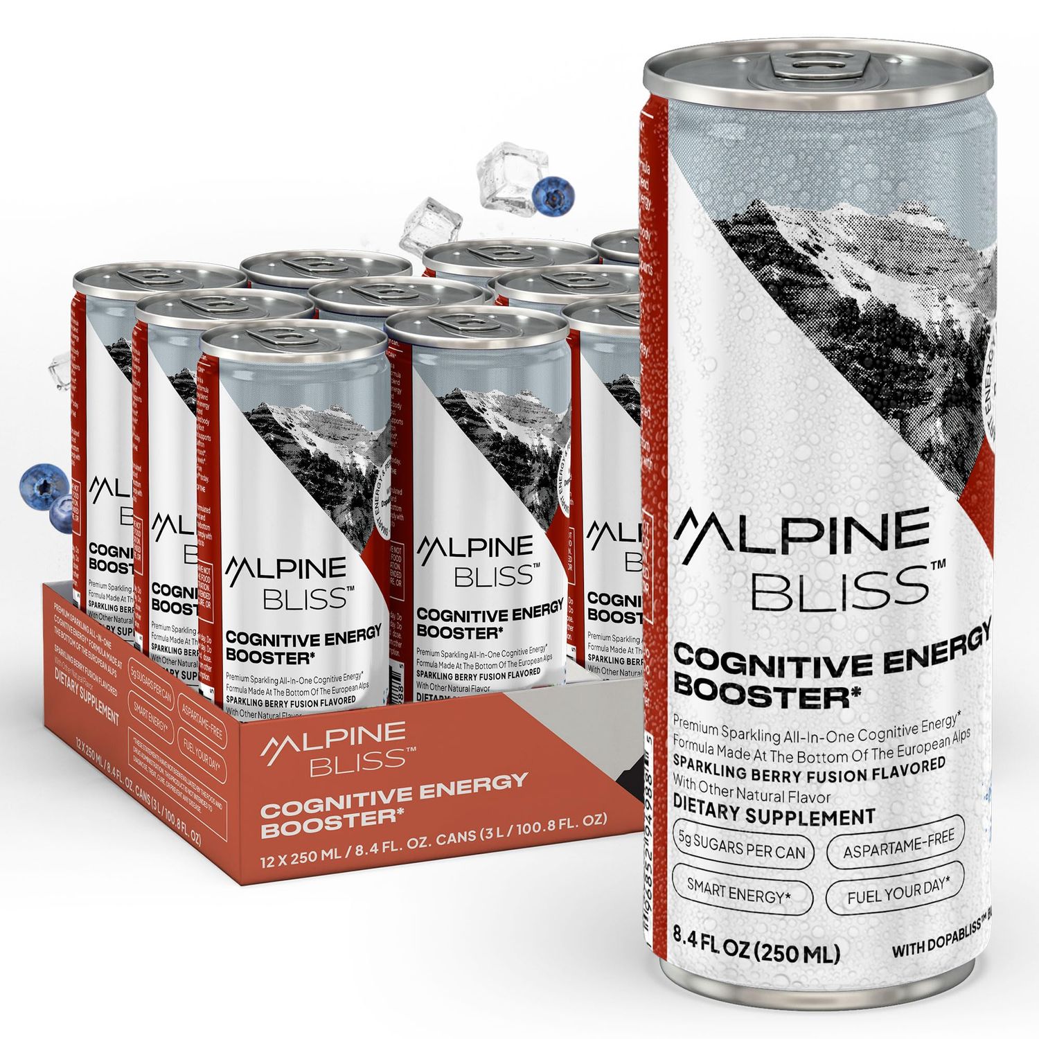 Alpine Bliss Energy Drink with Ginger Root Tyrosine and Saffron Extract Clean Focus and Mental Clarity Number 1 Energy Drinks Excellence Awards Winner 2024 Berry Flavor 12 Pack