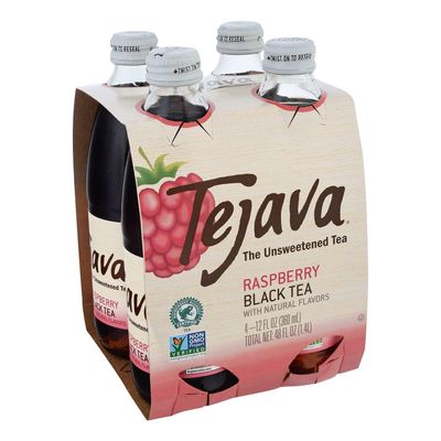 Tejava Raspberry Black Iced Tea, 4 Pack, 12oz Glass Bottles, Unsweetened, Non-GMO, Kosher, No Sugar or Sweeteners, No calories, No Preservatives, Brewed in Small Batches