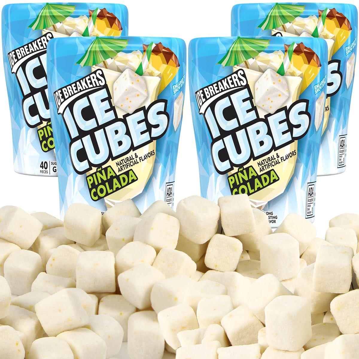 Pina Colada Gum to Enjoy Home Snaking Moments - Sugar Free Refreshingly Cool Cubed Chewing Gum for Mother's Day, Kids School Bags, Party Favors, and Desk Drawers, 4 Pack.