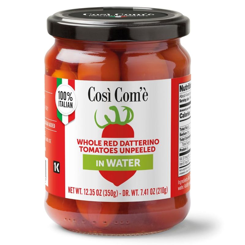 Cosi Come, Datterino Red Tomatoes Unpeeled in Water, Datterini Tomatoes in water (12.354 oz) 350 g, low-acid, No additives, no preservatives, 100% Natural, Non-GMO, Product of Italy