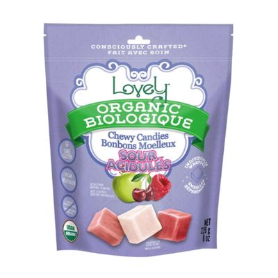 Lovely Candy Organic Sour Chewy Candies 8oz (1-pack) | Raspberry, Apple, &amp; Cherry | Vegan, Gluten Free, Non-GMO, No Artificial Ingredients | Christmas &amp; Holiday Stocking Stuffer for Kids