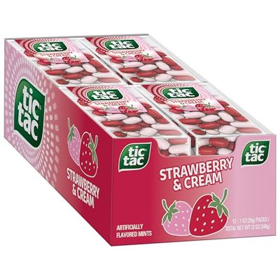 Tic Tac Strawberry &amp; Cream Flavored Mints, 12 Count, On-the-Go Refreshment, Stocking Stuffers, 1 oz Each