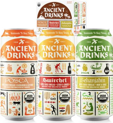 ANCIENT DRINKS Apple Cider Vinegar Beverage with Electrolytes, Vitamins, &amp; Probiotics, Organic, Super-Hydrating Sports Drink - Mixed Pack (Posca, Switchel, Sekanjabin) - 16 fl oz (12 cans)