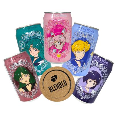 Ocean Bomb Carbonated Water Sailor Moon Scouts Anime Collectible Can Drink Chibimoon Uranus Neptune Saturn Pluto with 1 Blehblu Coaster