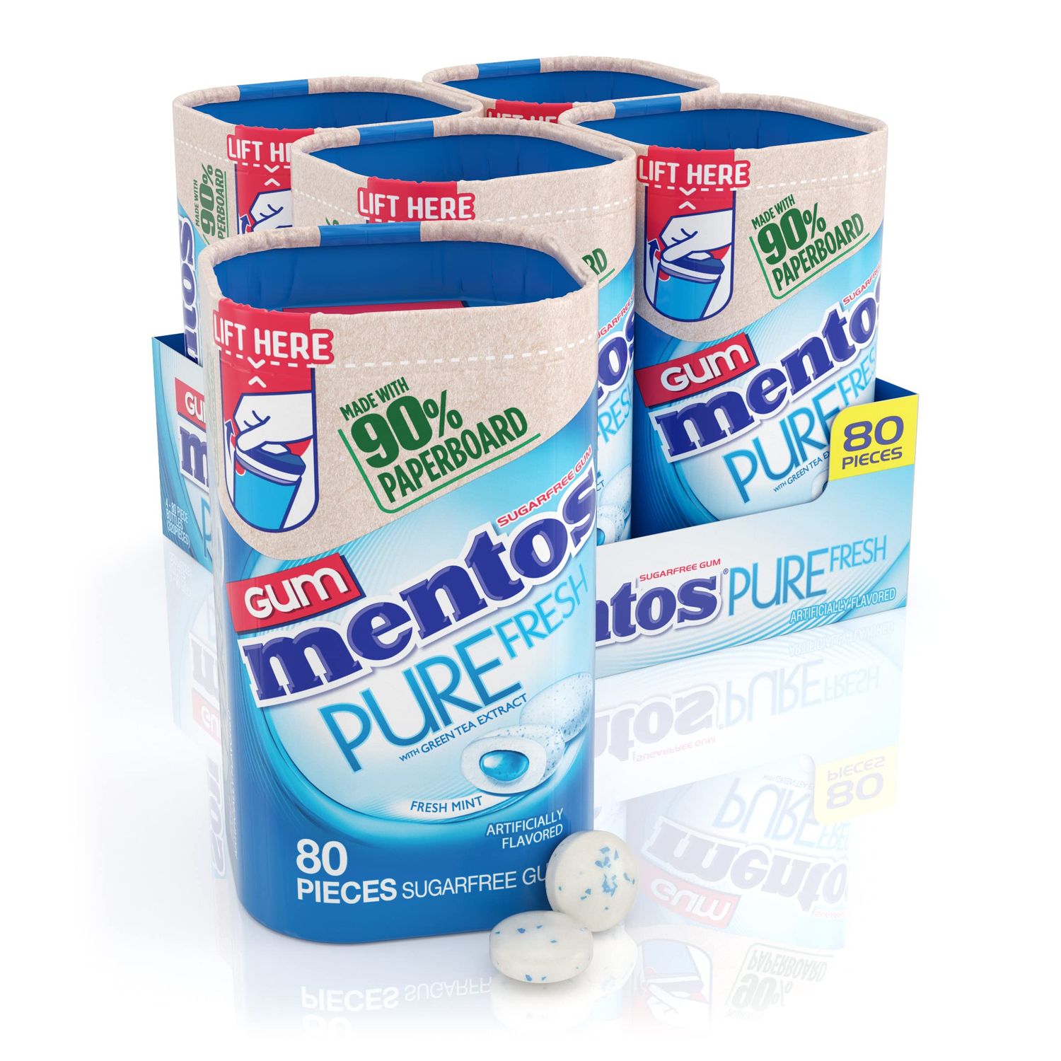 Mentos Pure Fresh Chewing Gum, Sugar-Free, Xylitol, Fresh Mint, 80 Piece Bottle, recyclable 90% Paperboard Bottle, 80 Count (Pack of 4)