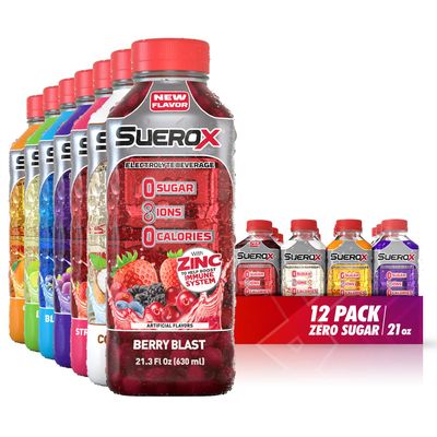 SueroX Zero Sugar Electrolyte Drink for Hydration and Recovery, Unique Blend of Electrolytes &amp; 8 Ions, Zero Calorie Sports Drink, 21.3 Fl Oz, Ultimate Pack, 12 Count