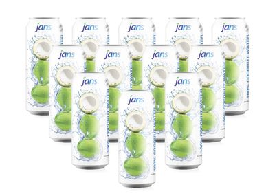Jans 100% Pure Coconut Water can with Coconut Pulp - Pure, aqua de coco, Unsweetened Coconut Water | Not from Concentrate | Non-GMO | Refreshing Taste of the Tropics | 16.57 fl oz per can (Pack of 12)