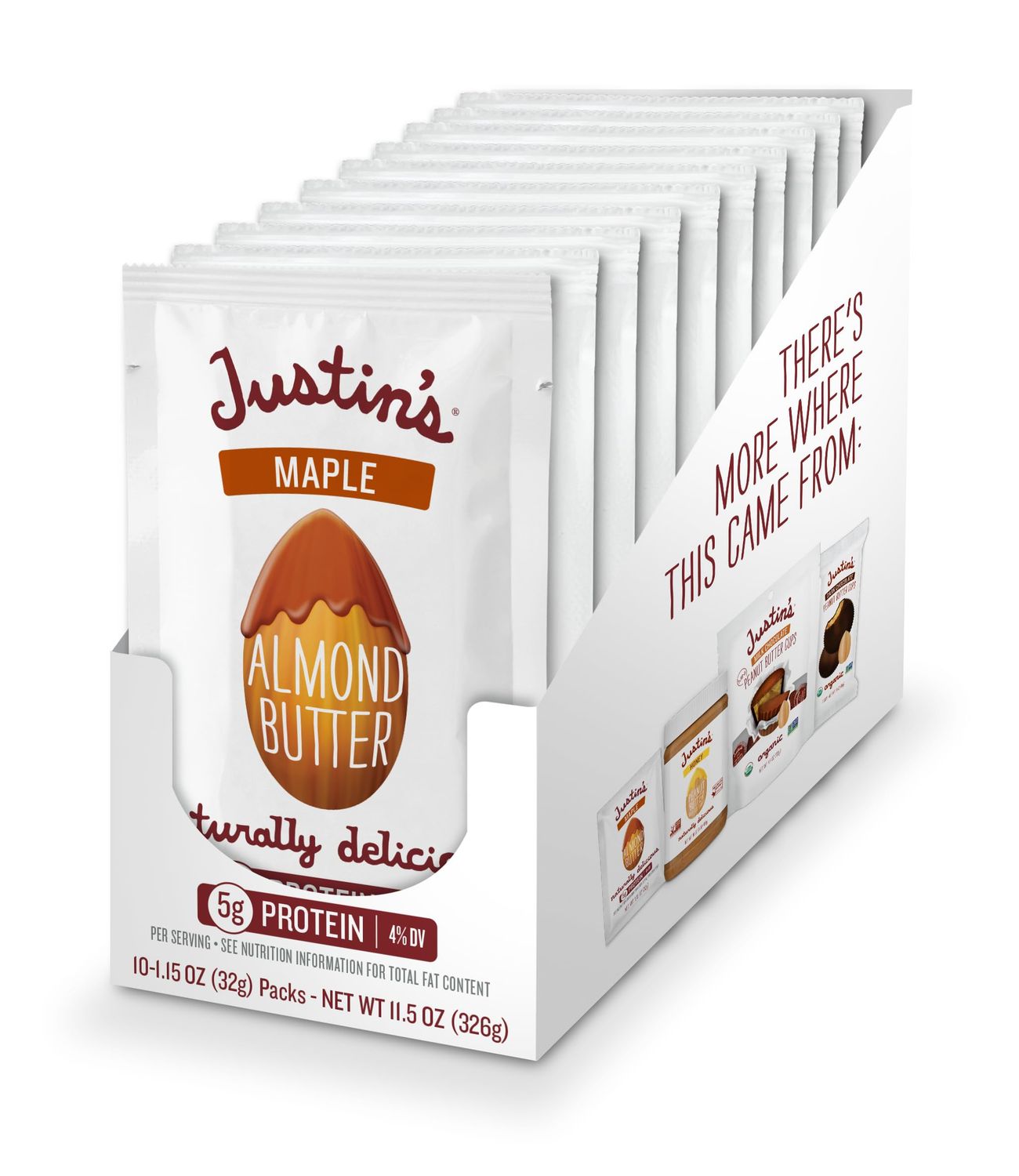 Justin&#39;s Maple Almond Butter Squeeze Packs, Gluten-Free, Non-GMO, Responsibly Sourced, 1.15 Ounce (10 Pack)