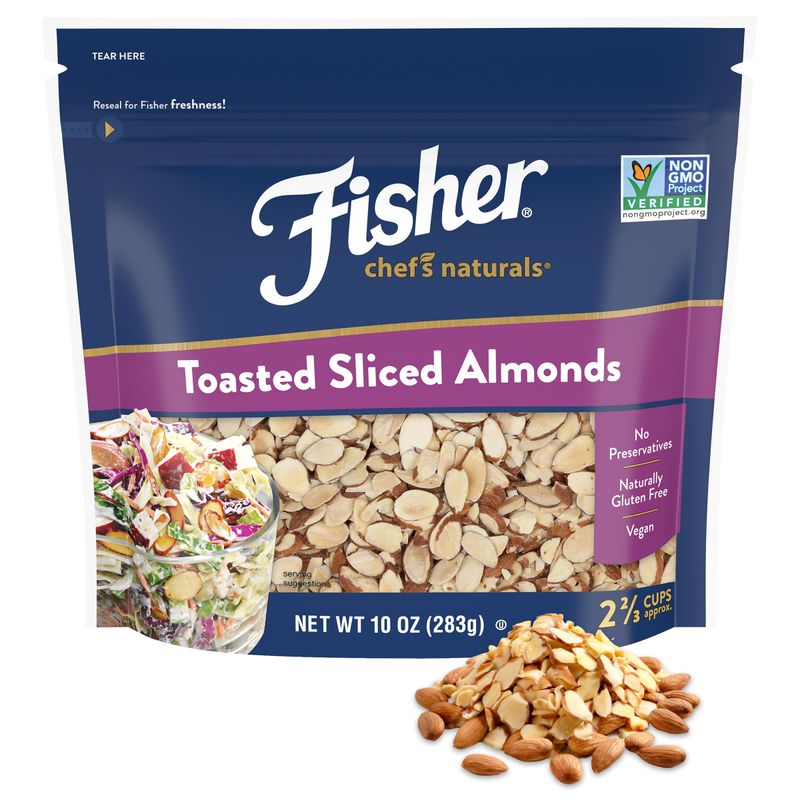 Fisher Chef&#39;s Naturals Unsalted Toasted Sliced Almonds 10oz Resealable Bag, Raw Nuts Perfect for Cooking, Baking &amp; Snacking, Vegan Protein, Keto Snack, Gluten Free