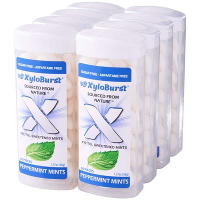 XyloBurst - Xylitol Mints | Sugar Free Breath Mints for Oral Health | Gluten Free, Vegan, Keto Friendly | Aspartame Free Mints | Peppermint | 60 Count Jar, 8-Pack
