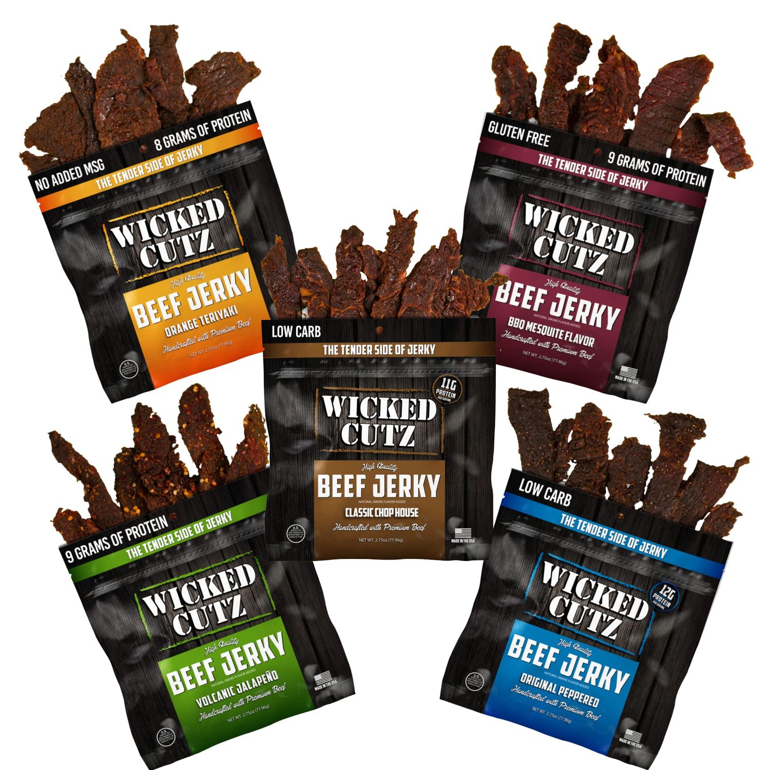 Beef Jerky Variety Pack &amp; Jerky Gift Basket for Men | Tender, Flavorful, Easy to Chew, Premium Craft Jerky w/up to 36g Protein Per Bag, High Protein, Low Carb, Healthy Snack for Adults (5 Bags)