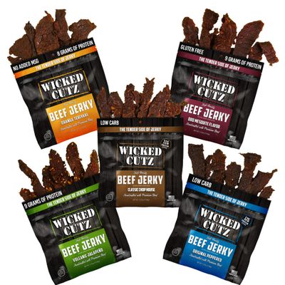 Beef Jerky Variety Pack &amp; Jerky Gift Basket for Men | Tender, Flavorful, Easy to Chew, Premium Craft Jerky w/up to 36g Protein Per Bag, High Protein, Low Carb, Healthy Snack for Adults (5 Bags)