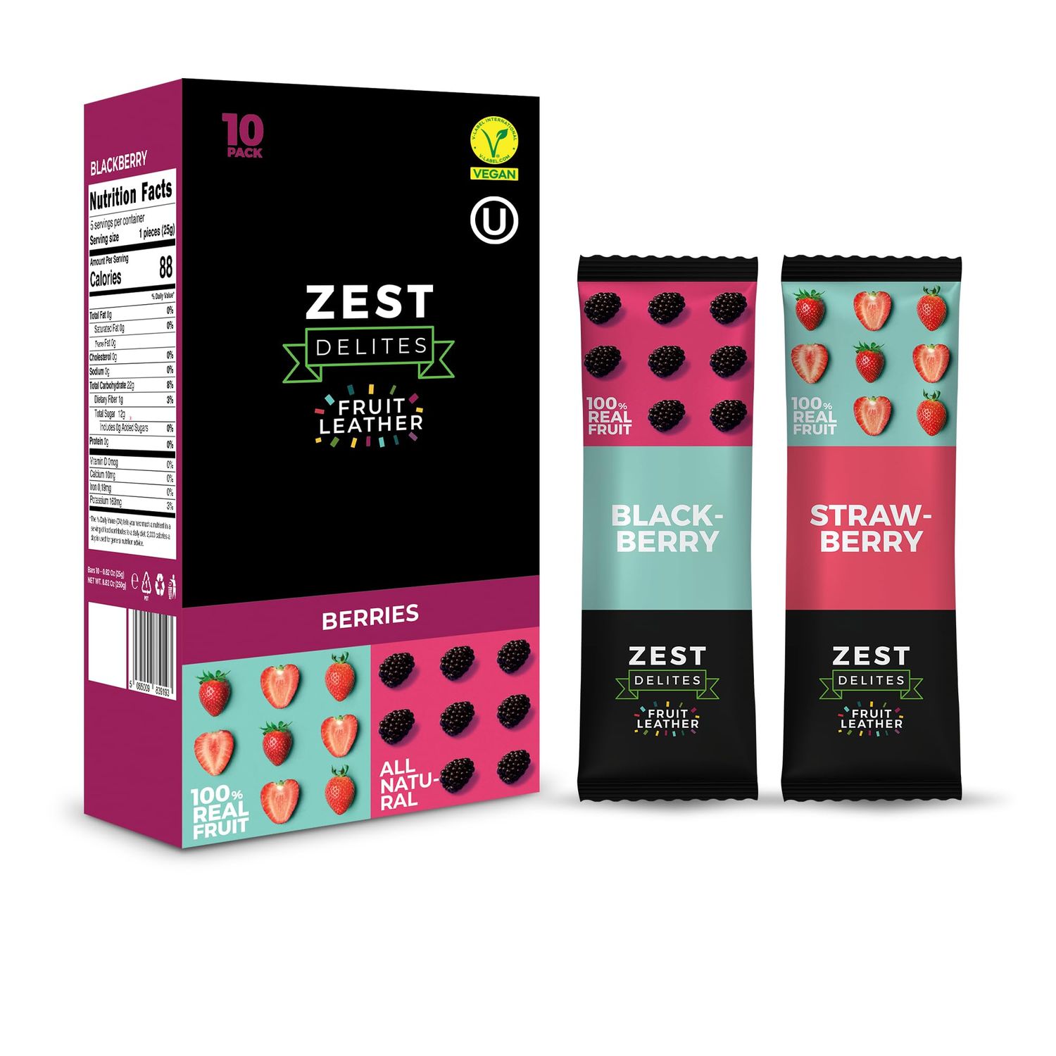 Dried Fruit Bars by Zest Delites, Fruit Leather, Fruit Strips, Healthy Snacks Pack for Adults, Fruit Snacks, Lavashak, Apple-Based, Blackberry, Strawberry, 0.88 oz x 10