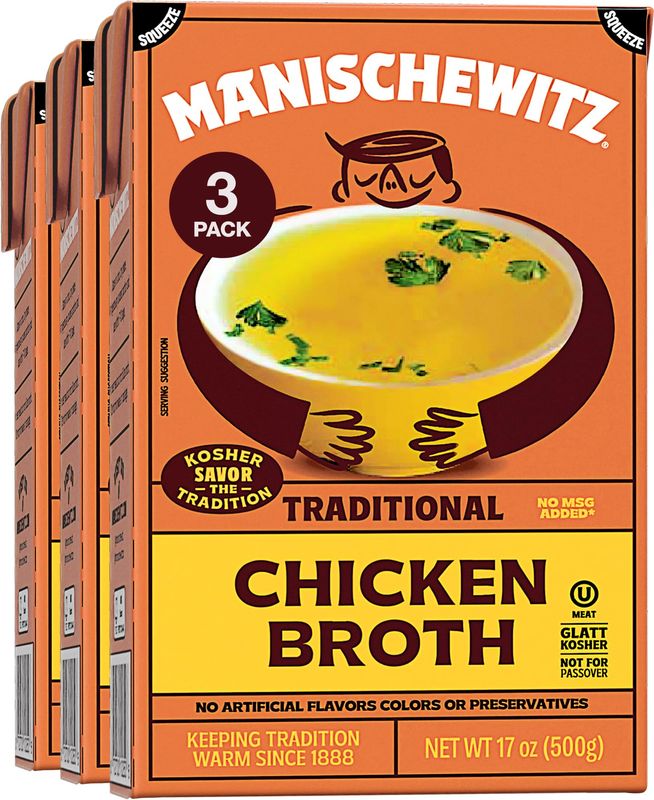 Manischewitz Chicken Broth 17oz (3 Pack), Rich Flavor | Kettle Cooked &amp; Slowly Simmered | Certified Kosher