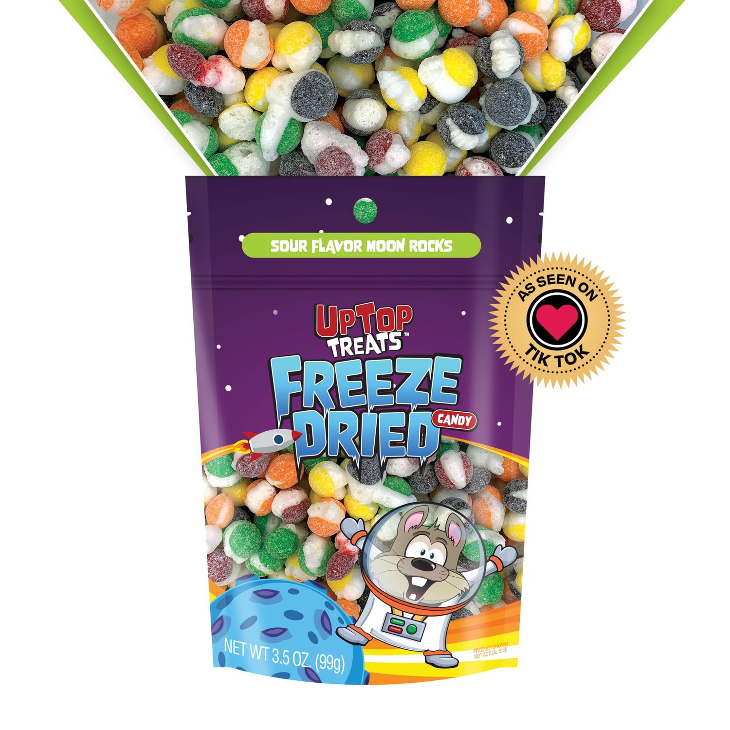 UpTop Treats Freeze Dried Candy, Moon Rocks, Crunchy Sour Candy for ASMR, Strawberry, Lemon, Lime, Orange, &amp; Grape, Snacks for Kids &amp; Adults, Made in the USA, Small Bag for On The Go, 3.5 oz