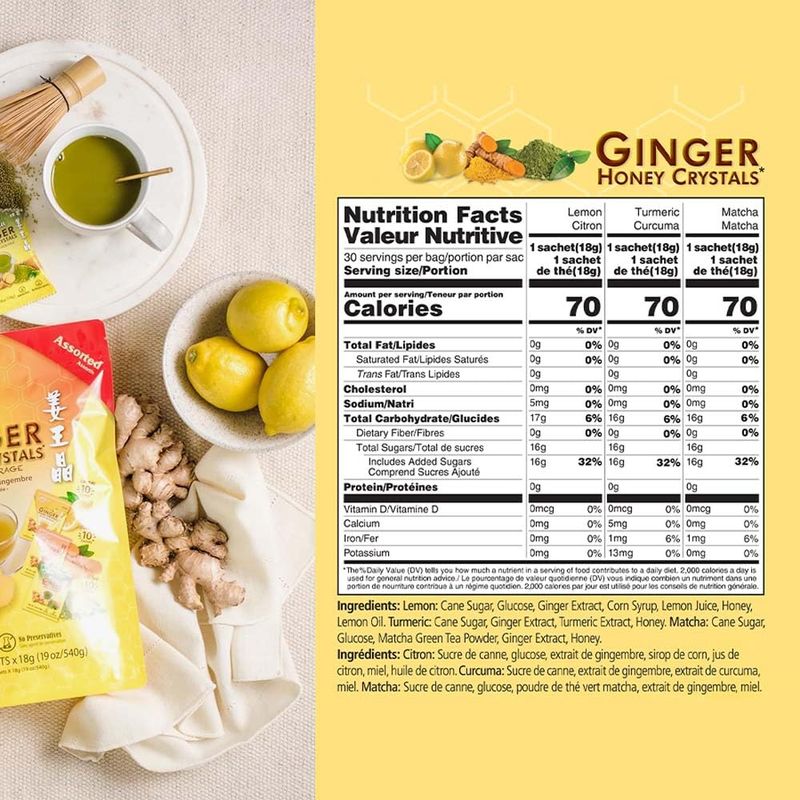 Prince of Peace Instant Ginger Honey Crystals in Assorted Flavors, Turmeric, Lemon, and Matcha, 30 Sachets - Instant Hot or Cold Beverage that Soothes Throat - Easy to Brew - Tea Drink - Gluten Free -