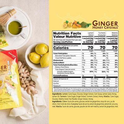 Prince of Peace Instant Ginger Honey Crystals in Assorted Flavors, Turmeric, Lemon, and Matcha, 30 Sachets - Instant Hot or Cold Beverage that Soothes Throat - Easy to Brew - Tea Drink - Gluten Free -