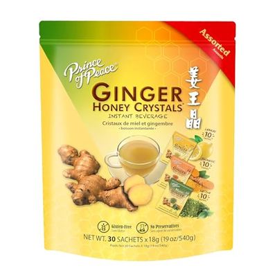 Prince of Peace Instant Ginger Honey Crystals in Assorted Flavors, Turmeric, Lemon, and Matcha, 30 Sachets - Instant Hot or Cold Beverage that Soothes Throat - Easy to Brew - Tea Drink - Gluten Free -