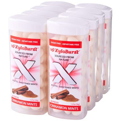 XyloBurst - Xylitol Mints | Sugar Free Breath Mints for Oral Health | Gluten Free, Vegan, Keto Friendly | Aspartame Free Mints | Cinnamon | 60 Count Jar, 8-Pack