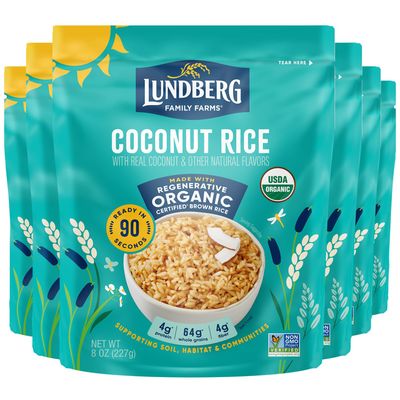 Lundberg Coconut Rice, Ready in 90 Seconds - Regenerative Organic Certified Brown Jasmine Rice, Microwavable, Fluffy, Non-Sticky, Lightly Seasoned Organic Rice, 8 Oz (Pack of 6)