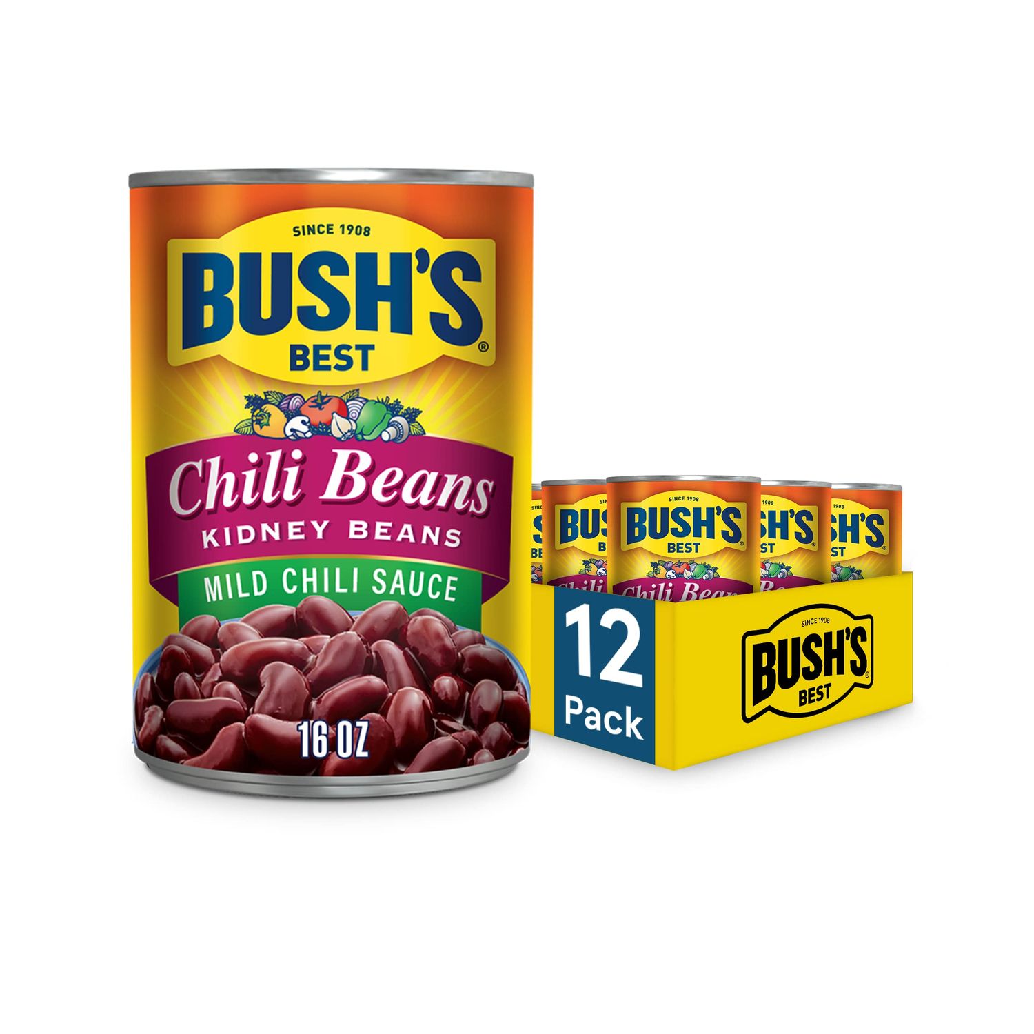 BUSH&#39;S BEST 16 oz Canned Kidney Chili Bean/Mild, Source of Plant Based Protein and Fiber, Low Fat, Gluten Free, (Pack of 12)