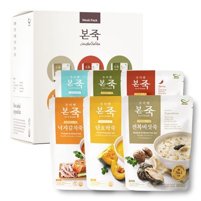 [Week Pack] BONJUK Rice Porridge, 6-Day Meal Kit - Pack of 6 Flavors (10.6oz each) - Abalone &amp; Mushroom, Spicy Jjamppong Seafood, Vegetable, Octopus &amp; Kimchi, Sweet Pumpkin, Seafood