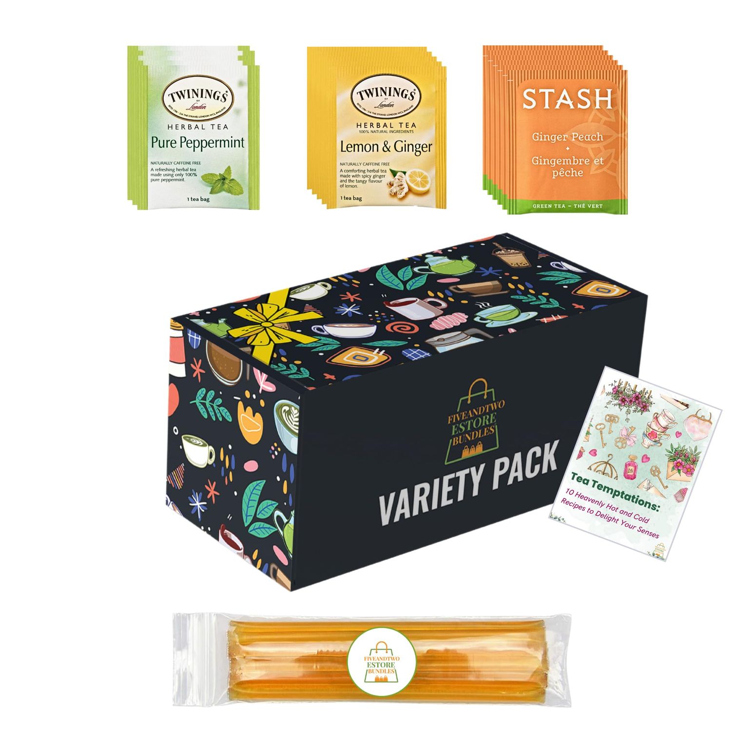 Ultimate Cold Buster Medicine Ball Tea Variety Set: Lemon Ginger, Peppermint, &amp; Peach Ginger Tea Bags - 60 pcs with Honey Sticks &amp; Recipe eBook