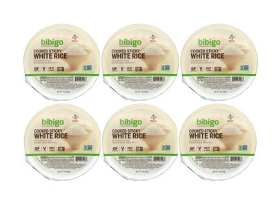 Restaurant Style Bibigo Cooked Sticky White Rice Bowls, Medium Grain, Microwavable, Gluten Free, Low Fat, 7.4 oz, 6 Count - Comes in ComboCreations Box