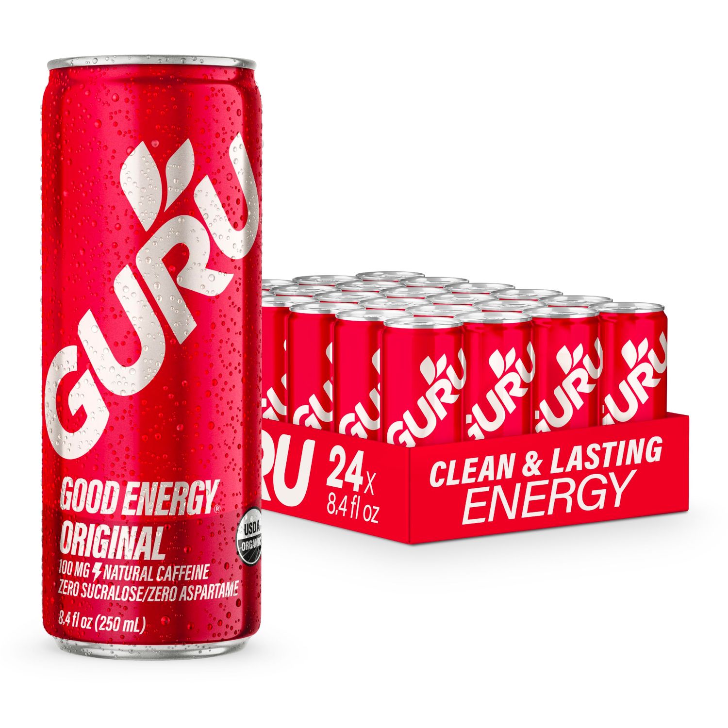 GURU Original Organic Energy Drinks, Clean Energy Drink with Plant Based Natural Caffeine from Green Tea, Gluten Free and Vegan, Pre Workout, Healthy Drinks, 8oz (Pack of 24)